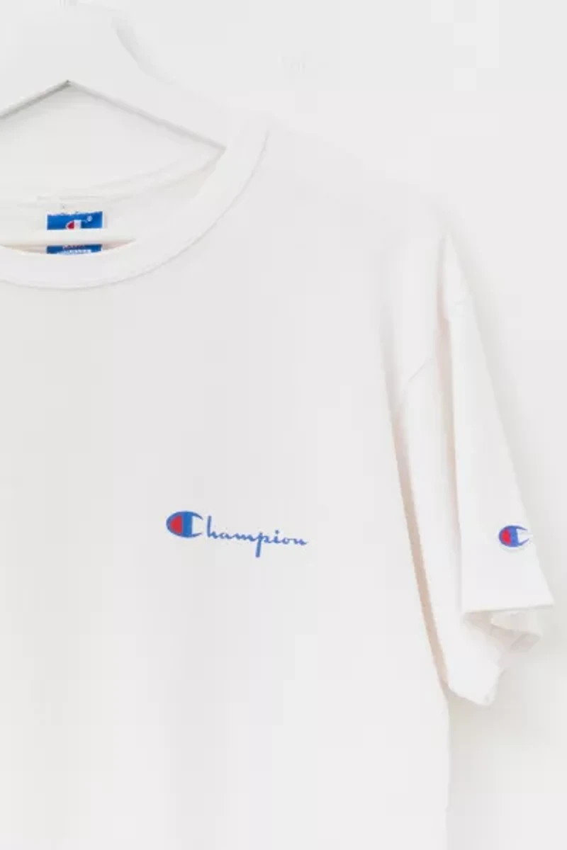 Vintage 1990s Champion Made in USA Script Logo Embroidered White Cotton T-Shirt