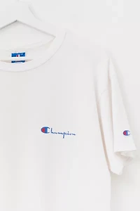Vintage 1990s Champion Made in USA Script Logo Embroidered White Cotton T-Shirt