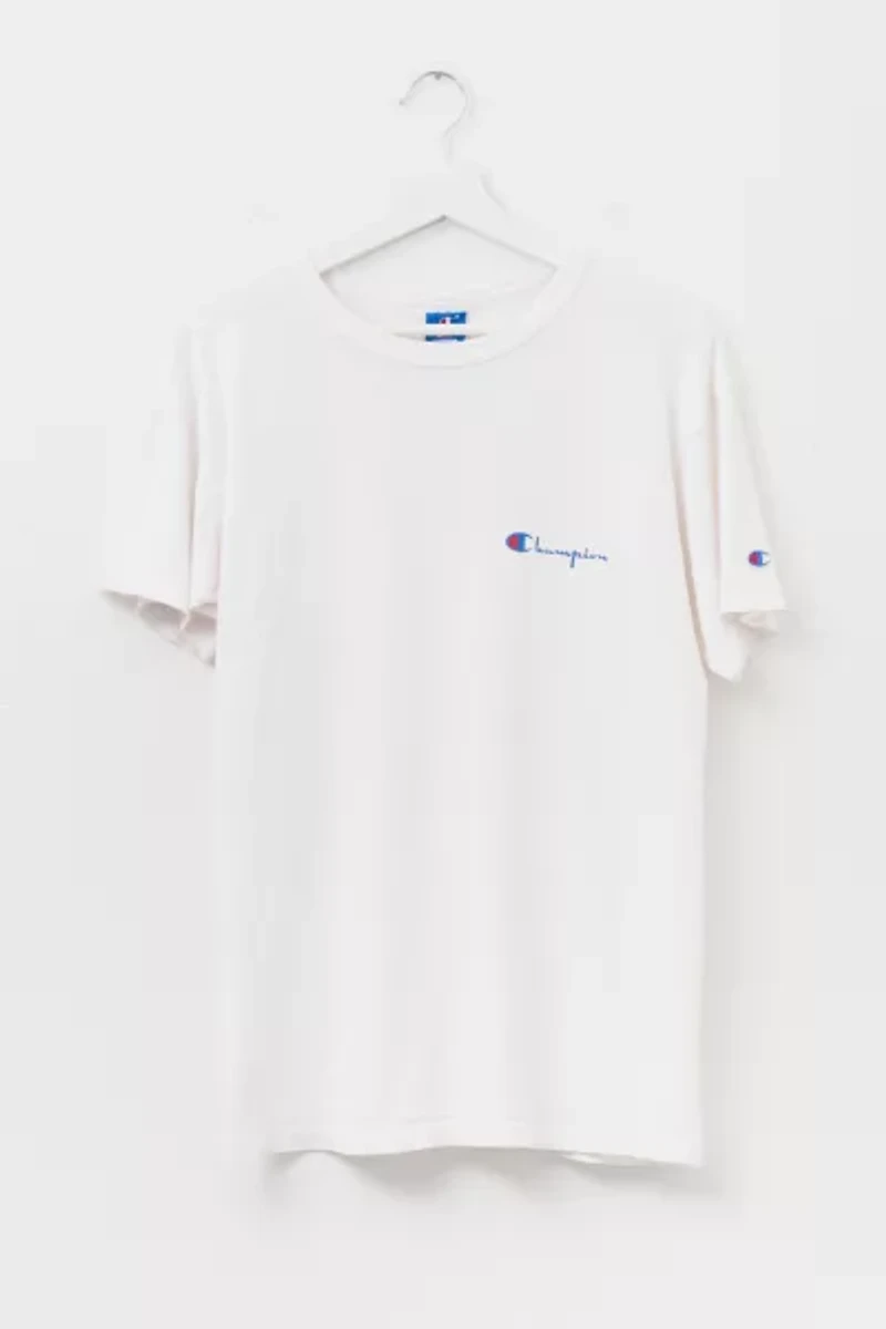 Vintage 1990s Champion Made in USA Script Logo Embroidered White Cotton T-Shirt