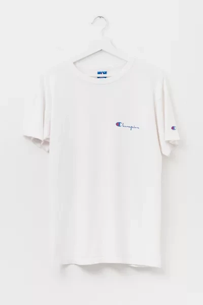 Vintage 1990s Champion Made in USA Script Logo Embroidered White Cotton T-Shirt