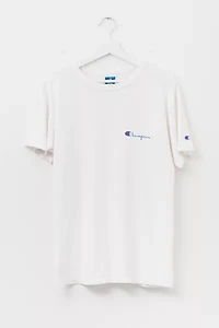 Vintage 1990s Champion Made in USA Script Logo Embroidered White Cotton T-Shirt