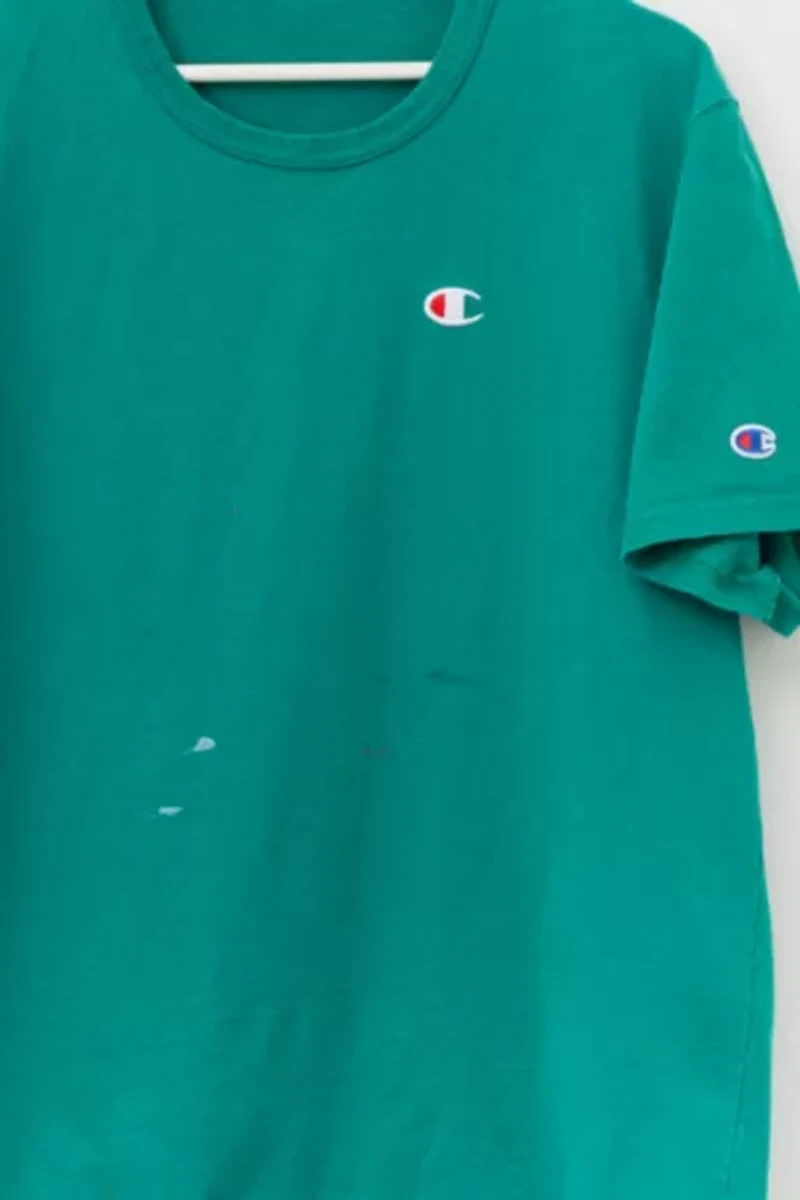 Vintage 1990s Distressed Champion Blue Green Cotton Logo T-Shirt