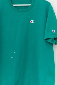 Vintage 1990s Distressed Champion Blue Green Cotton Logo T-Shirt