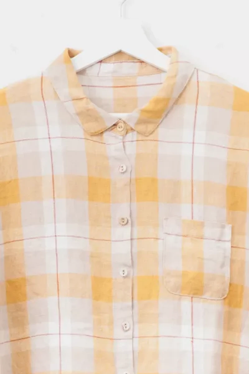 Vintage 1990s Yellow Plaid Linen Button Up Shirt Sleeve Shirt