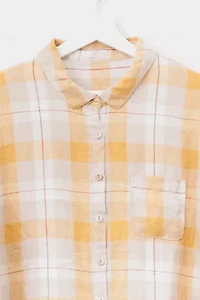 Vintage 1990s Yellow Plaid Linen Button Up Shirt Sleeve Shirt