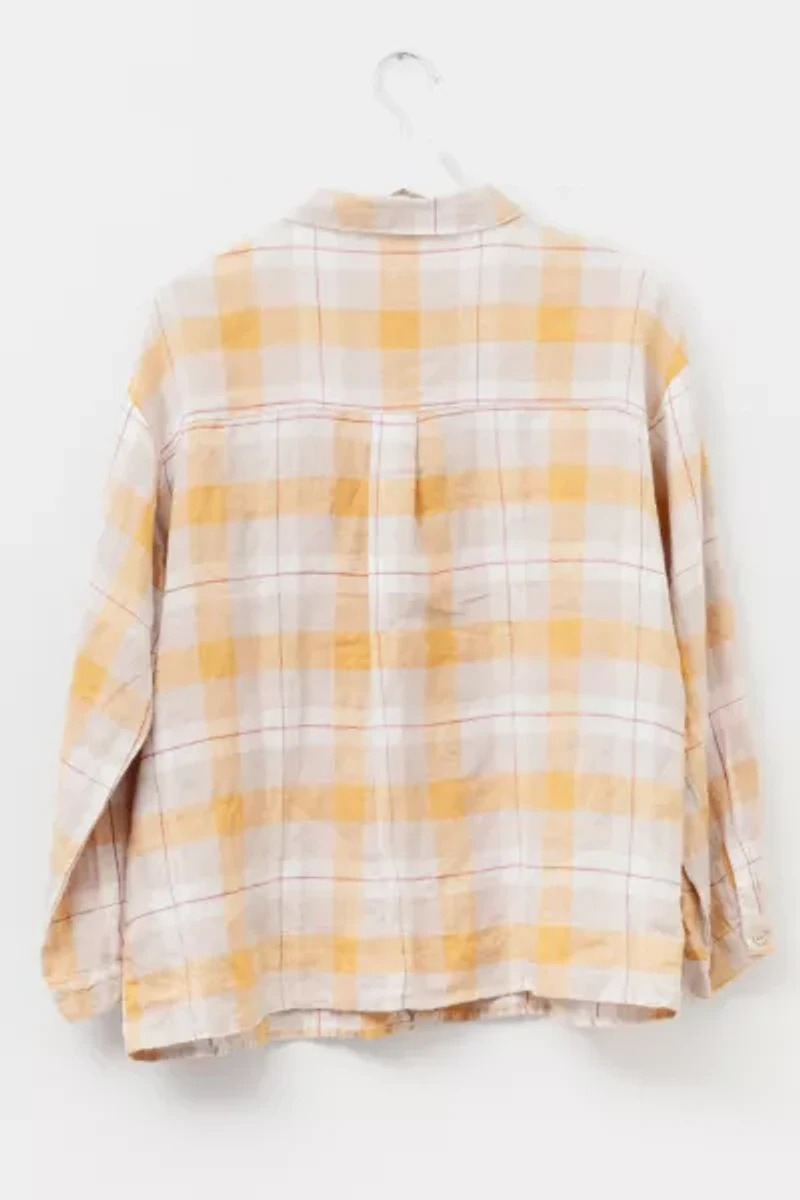 Vintage 1990s Yellow Plaid Linen Button Up Shirt Sleeve Shirt