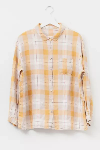 Vintage 1990s Yellow Plaid Linen Button Up Shirt Sleeve Shirt