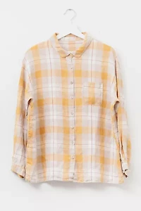 Vintage 1990s Yellow Plaid Linen Button Up Shirt Sleeve Shirt