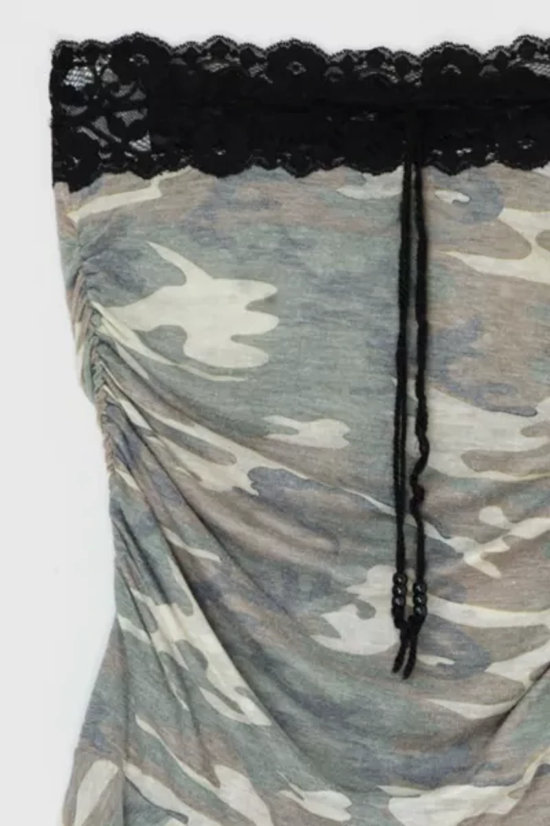 Vintage Y2k Strapless Camo & Black Lace Mini Dress