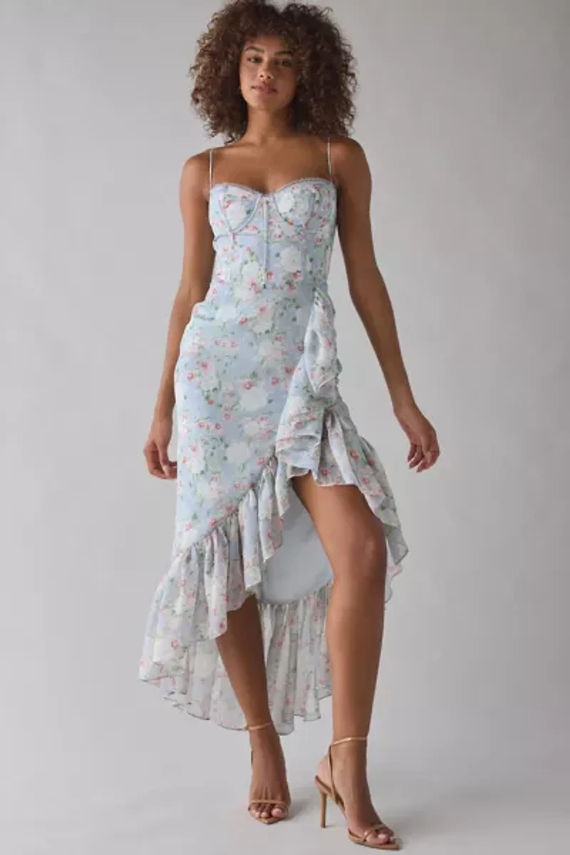 ASTR The Label Brisbane Asymmetric Ruffle Hem Midi Dress