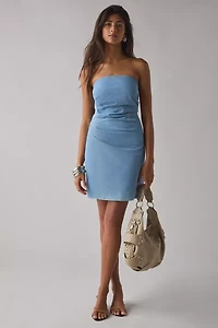 ASTR Mazzei Strapless Ruched Denim Mini Dress