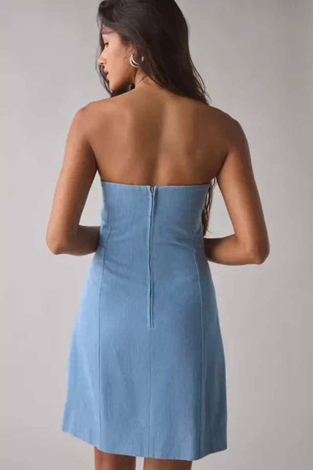 uo angelique fit-and-flare strapless denim mini dress Urban Outfitters UO Angelique Fit-And-Flare Strapless Denim Mini Dress