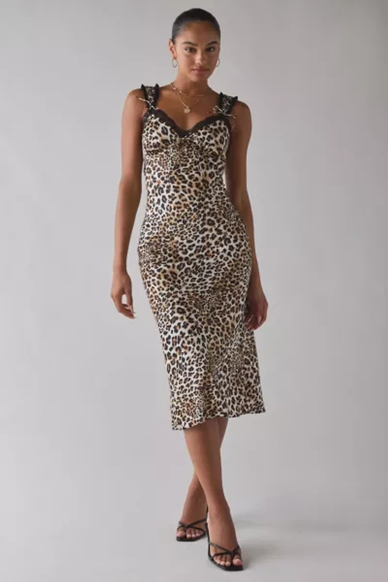 ASTR The Label Leopard Print Satin Slip Midi Dress
