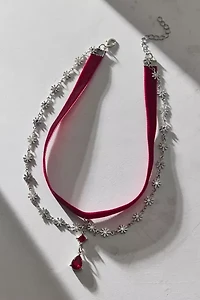 Crimson Gem Drop Layered Velvet Choker Necklace