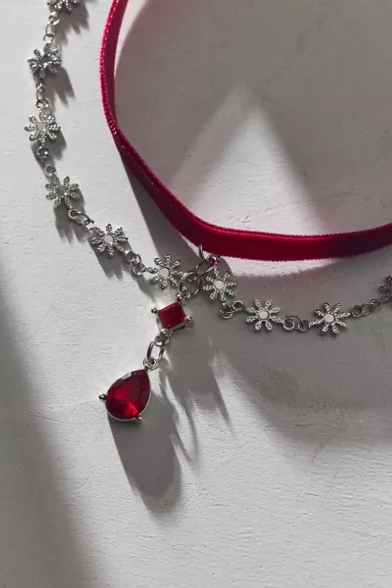 Crimson Gem Drop Layered Velvet Choker Necklace