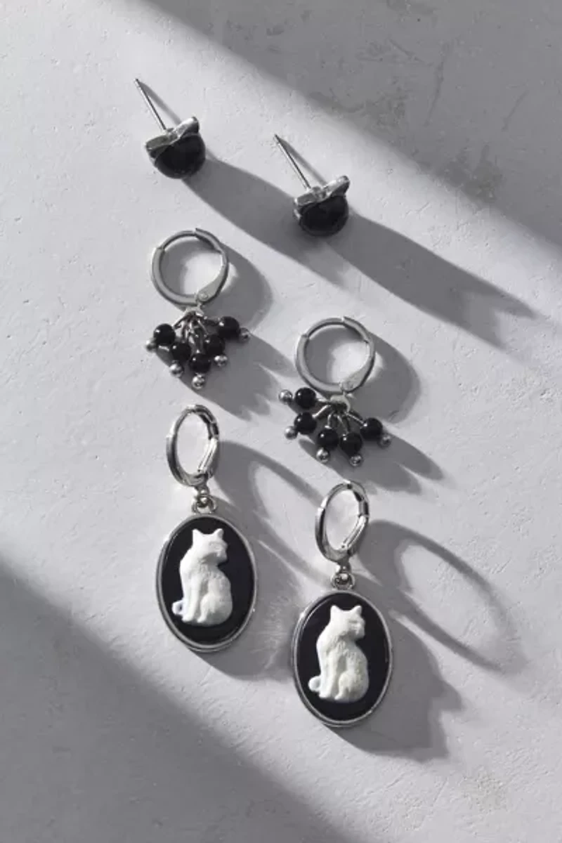 Cat Cameo Stud & Hoop Earring Set