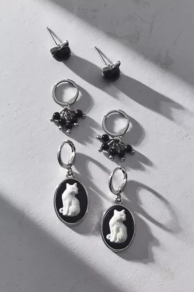 Cat Cameo Stud & Hoop Earring Set