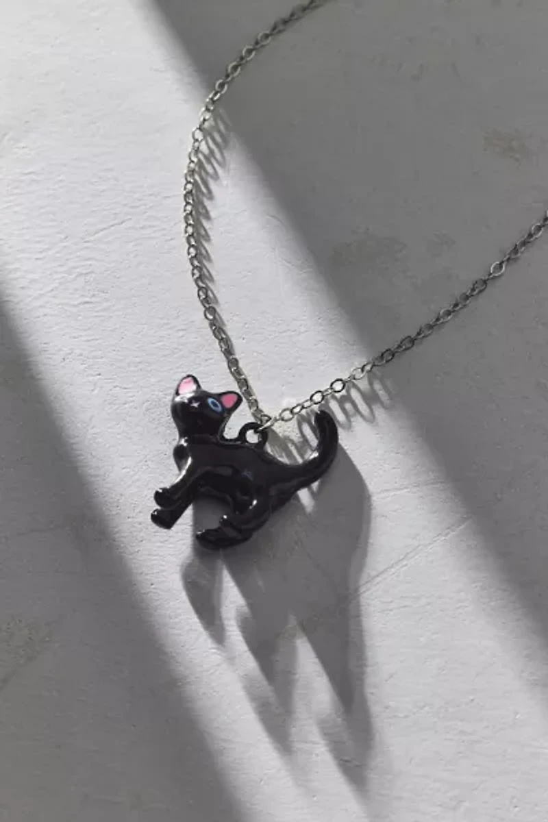 Enameled Black Cat Pendant Necklace