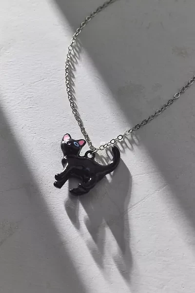 Enameled Black Cat Pendant Necklace