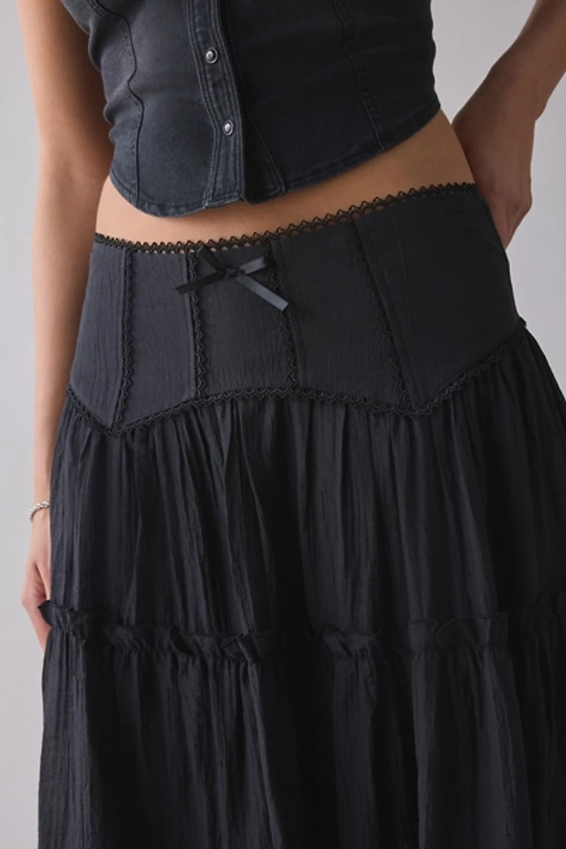 Kimchi Blue Charlotte Lace Trim Semi-Sheer Tiered Maxi Skirt