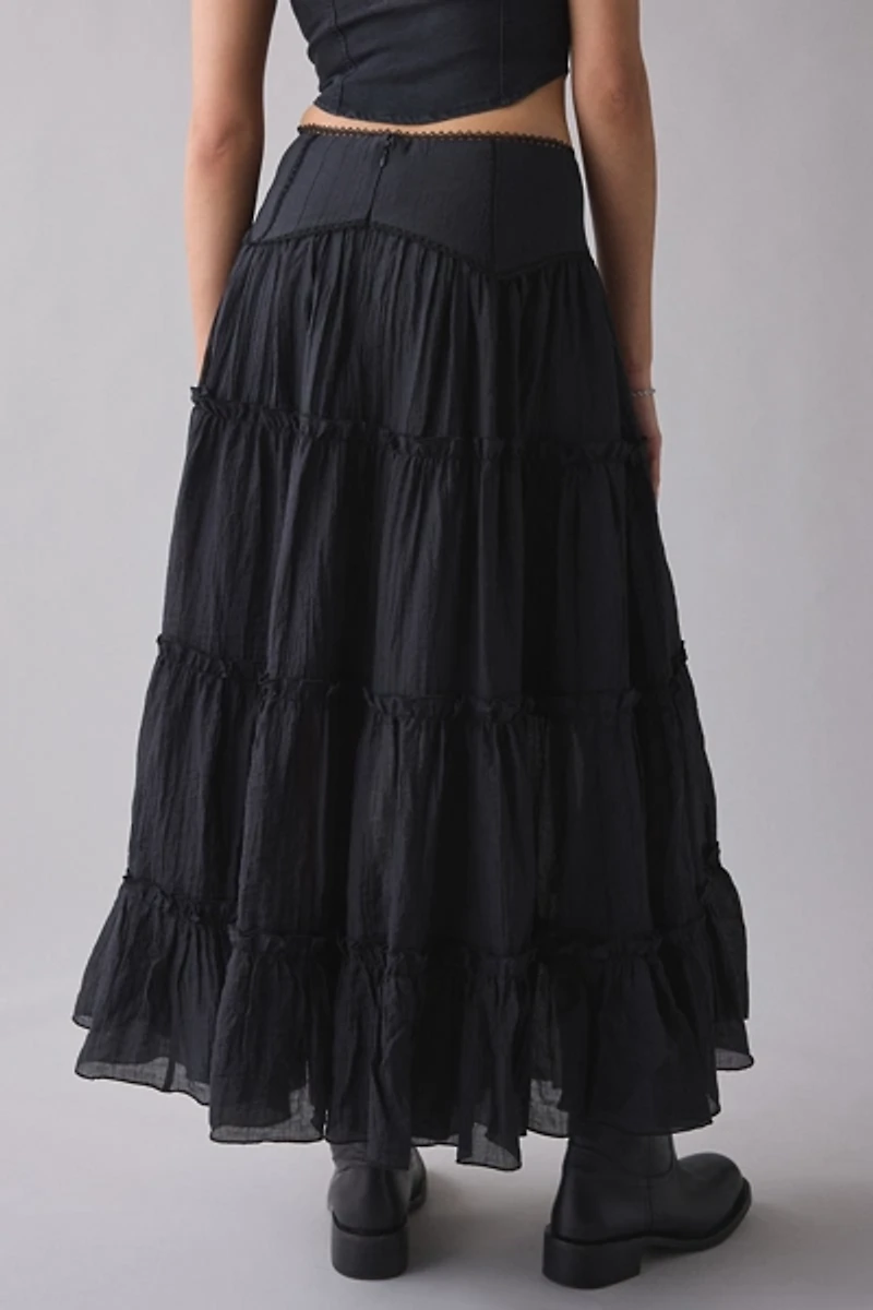 Kimchi Blue Charlotte Lace Trim Semi-Sheer Tiered Maxi Skirt