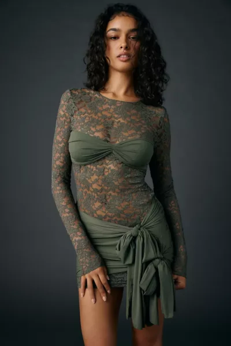 Lioness Midnight Sheer Lace Tie-Front Overlay Mini Dress