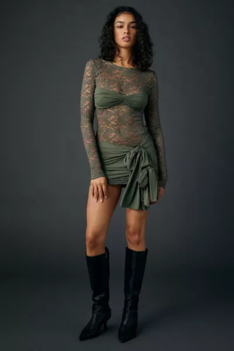 Lioness Midnight Sheer Lace Tie-Front Overlay Mini Dress