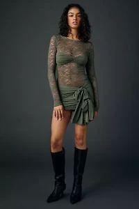 Lioness Midnight Sheer Lace Tie-Front Overlay Mini Dress