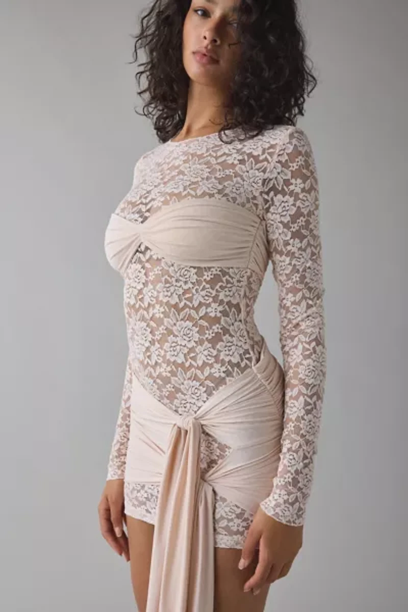 Lioness Midnight Sheer Lace Tie-Front Overlay Mini Dress