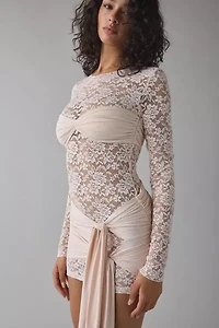 Lioness Midnight Sheer Lace Tie-Front Overlay Mini Dress