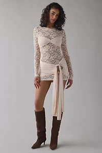 Lioness Midnight Sheer Lace Tie-Front Overlay Mini Dress