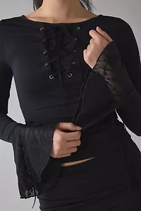 Kiss The Sky Bella Jersey Knit Lace-Up Tie Bell Sleeve Top