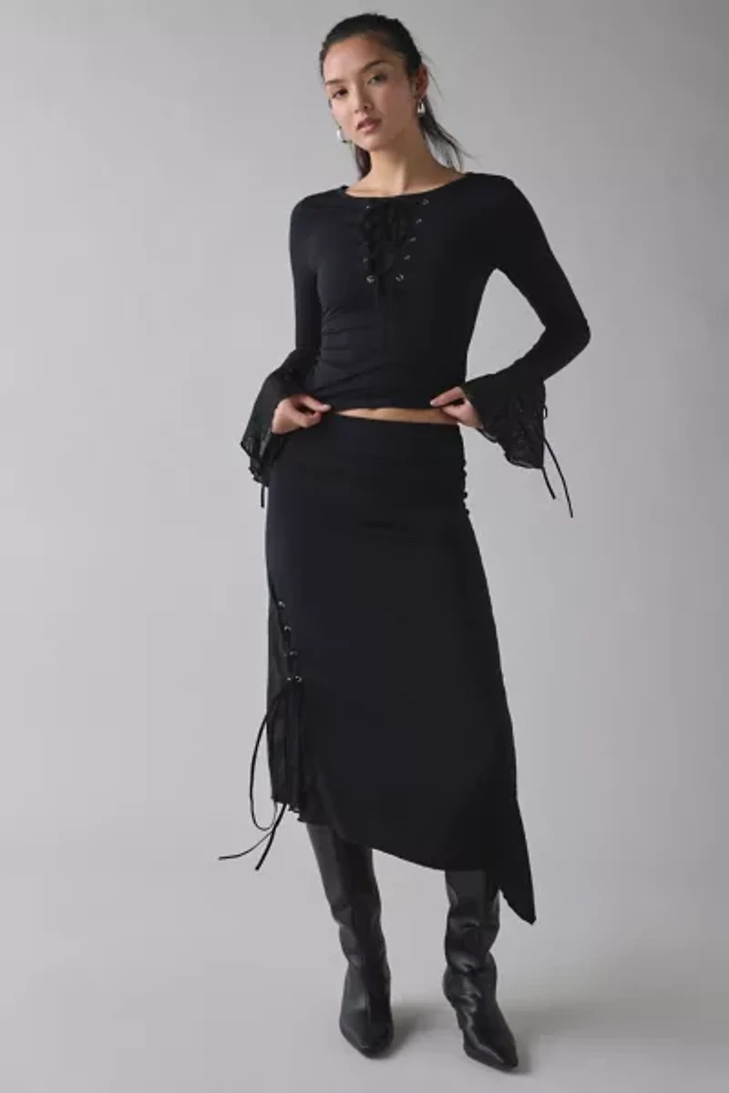 Kiss The Sky Bella Jersey Knit Lace-Up Tie Bell Sleeve Top