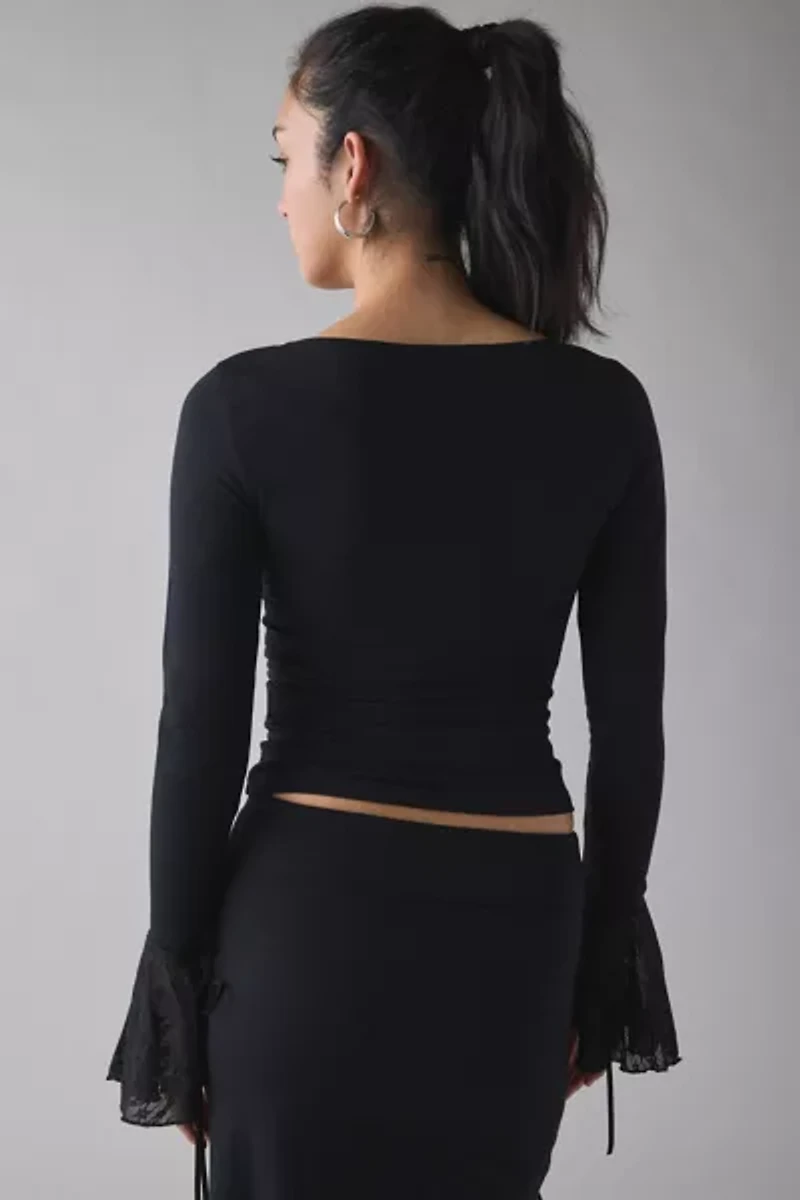 Kiss The Sky Bella Jersey Knit Lace-Up Tie Bell Sleeve Top
