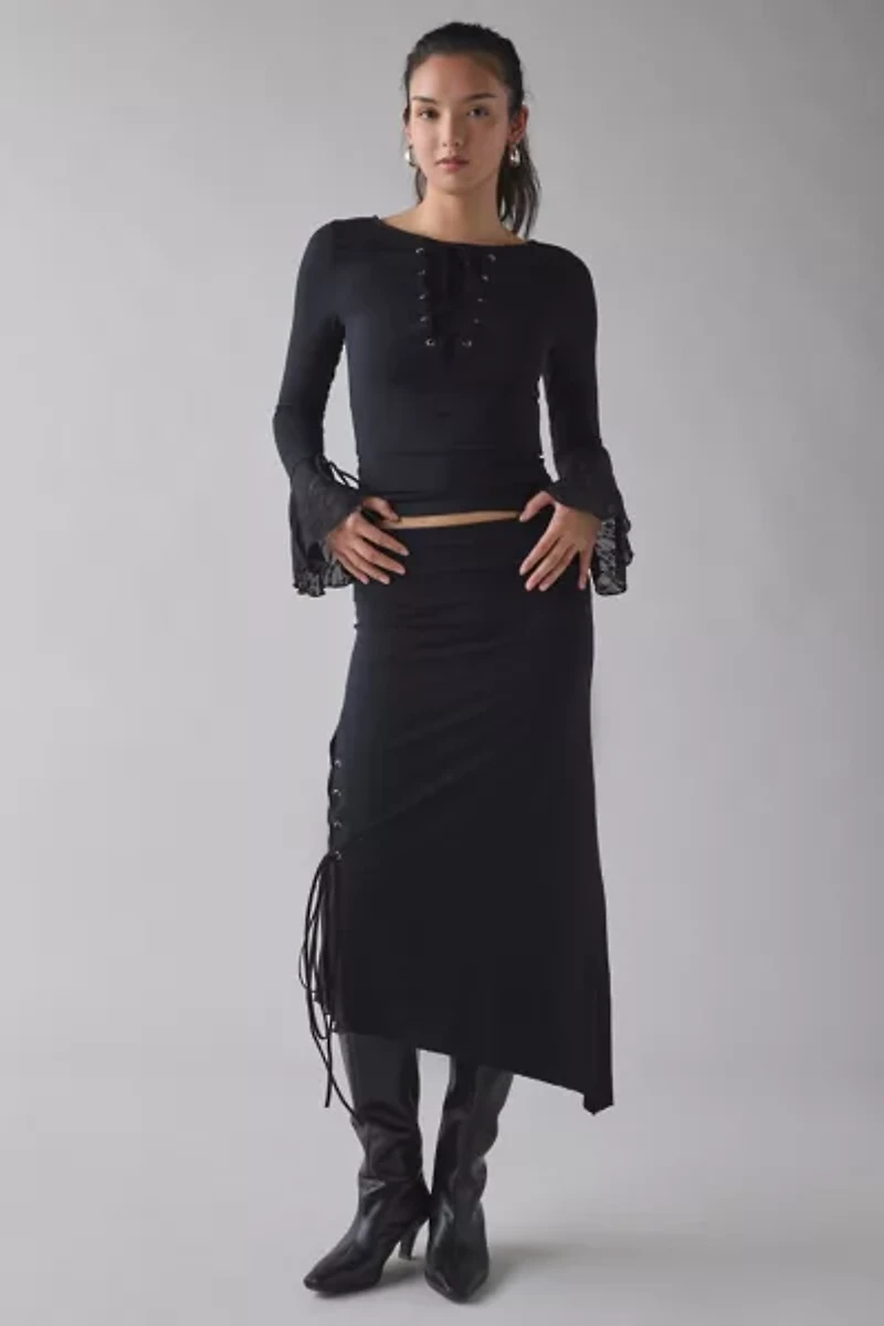 Kiss The Sky Bella Jersey Knit Asymmetric Lace-Up Tie Midi Skirt