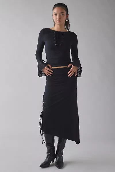 Kiss The Sky Bella Jersey Knit Asymmetric Lace-Up Tie Midi Skirt