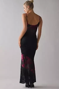 Kiss The Sky Alessandra Spliced Flocked Floral+ Lace Slip Maxi Dress