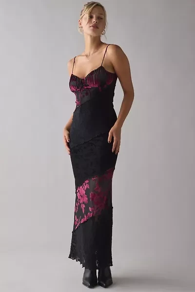 Kiss The Sky Alessandra Spliced Flocked Floral+ Lace Slip Maxi Dress