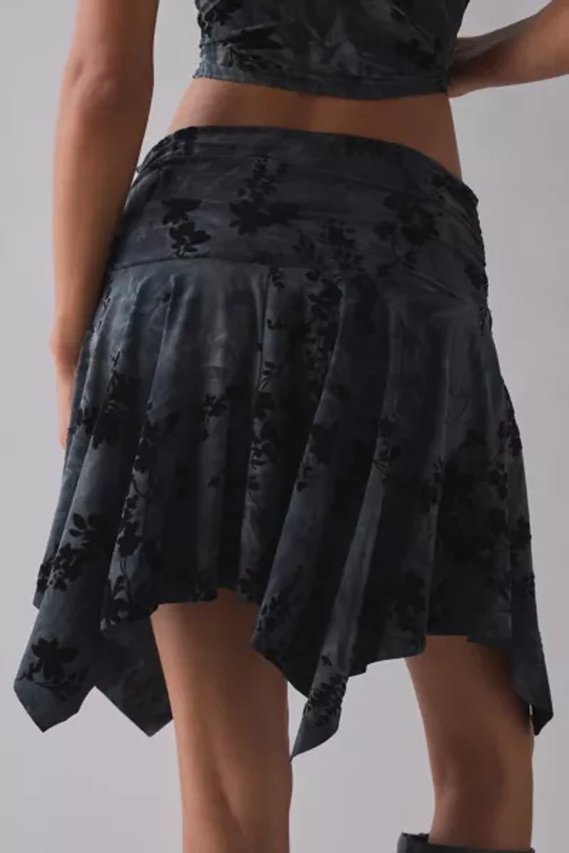 UO Hazel Burnout Floral Asymmetric Hanky Hem Mini Skirt