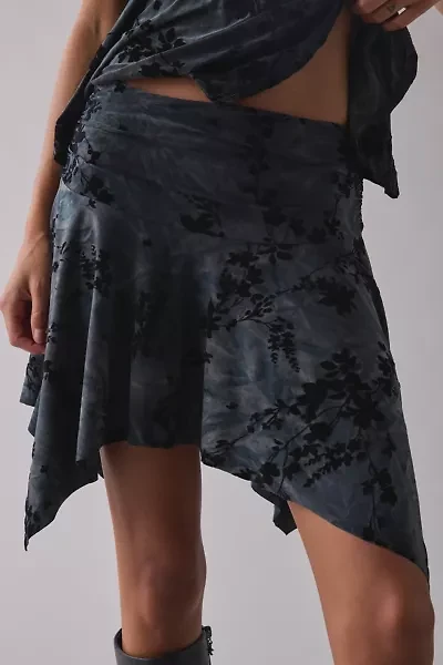 UO Hazel Burnout Floral Asymmetric Hanky Hem Mini Skirt