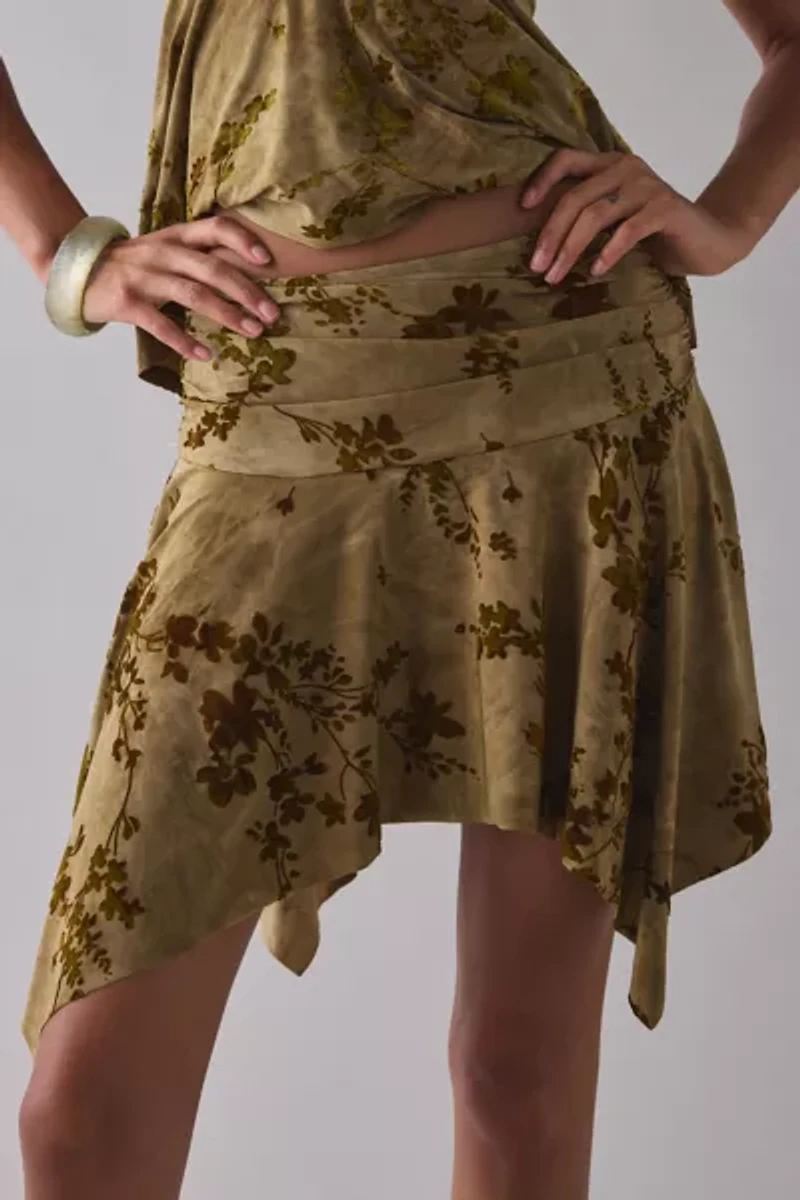 UO Hazel Burnout Floral Asymmetric Hanky Hem Mini Skirt