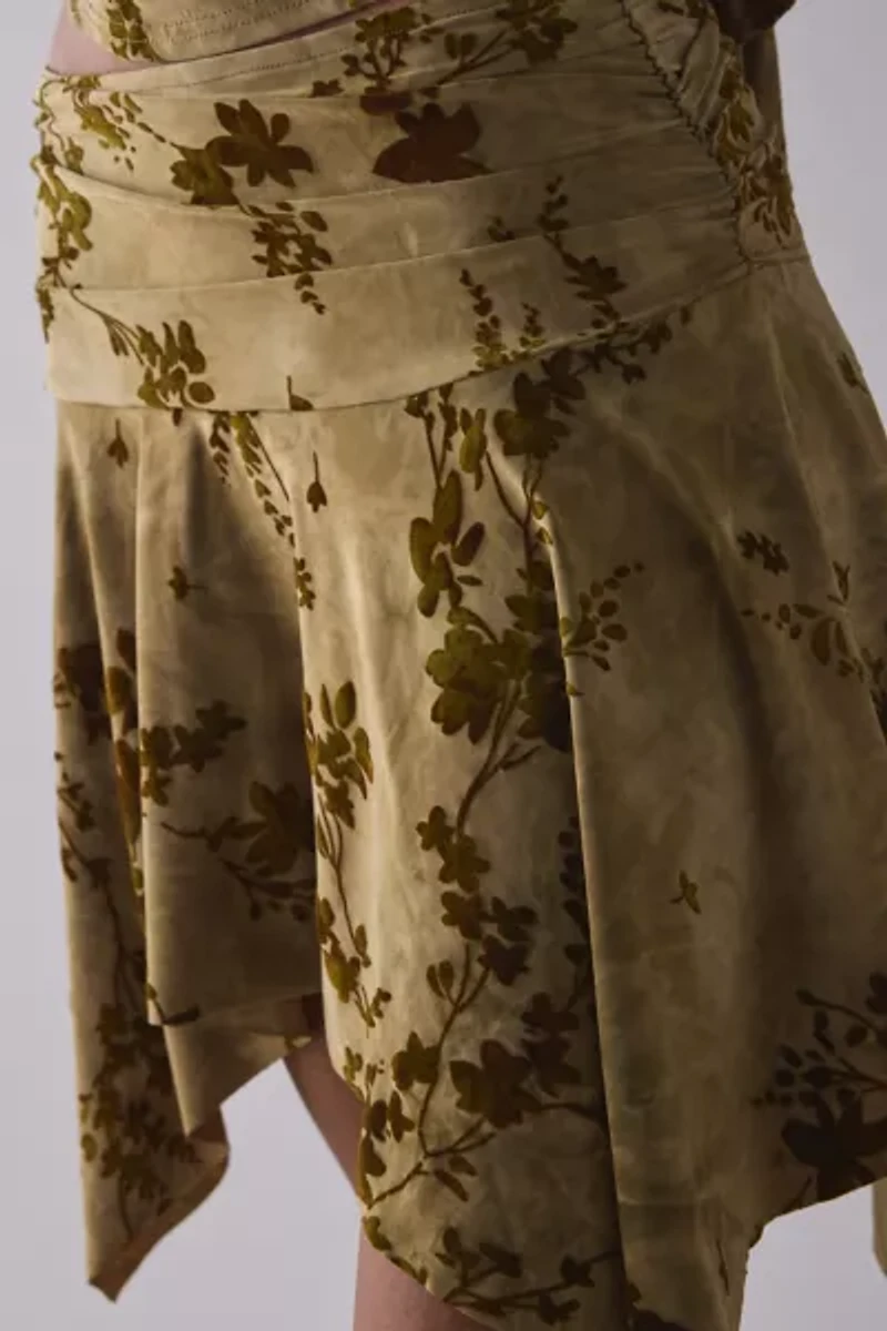 UO Hazel Burnout Floral Asymmetric Hanky Hem Mini Skirt