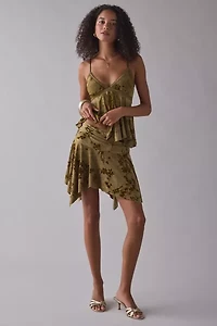 UO Hazel Burnout Floral Asymmetric Hanky Hem Mini Skirt