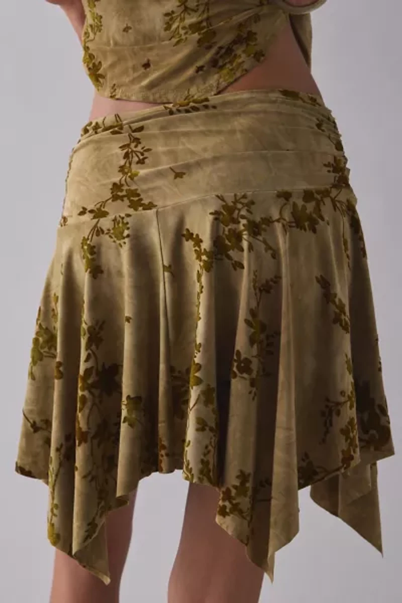 UO Hazel Burnout Floral Asymmetric Hanky Hem Mini Skirt