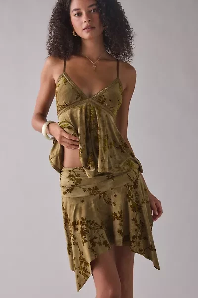 UO Hazel Burnout Floral Asymmetric Hanky Hem Mini Skirt