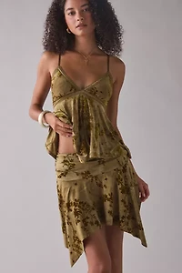 UO Hazel Burnout Floral Asymmetric Hanky Hem Mini Skirt