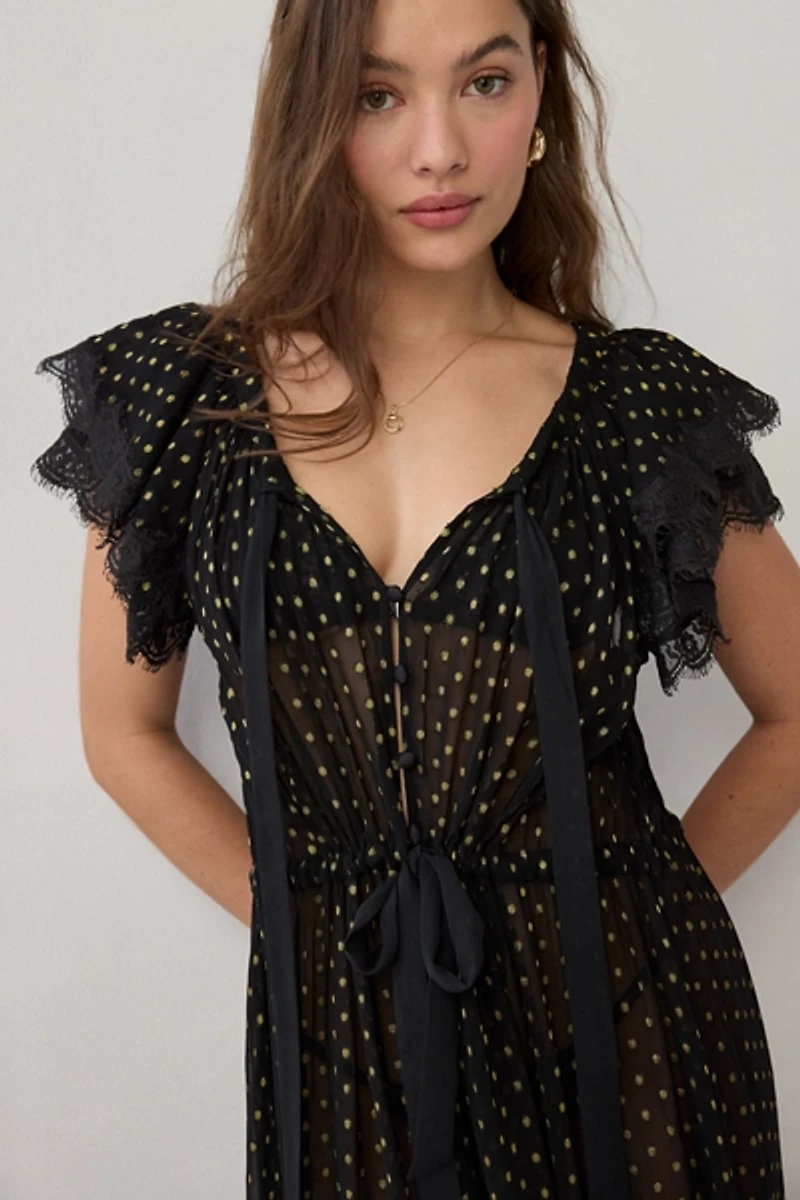 For Love & Lemons Liz Lurex Polka Dot Sheer Chiffon Long Robe