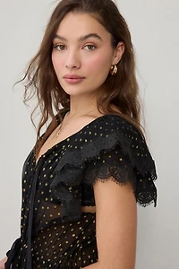 For Love & Lemons Liz Lurex Polka Dot Sheer Chiffon Long Robe