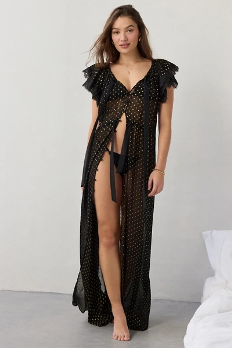 For Love & Lemons Liz Lurex Polka Dot Sheer Chiffon Long Robe