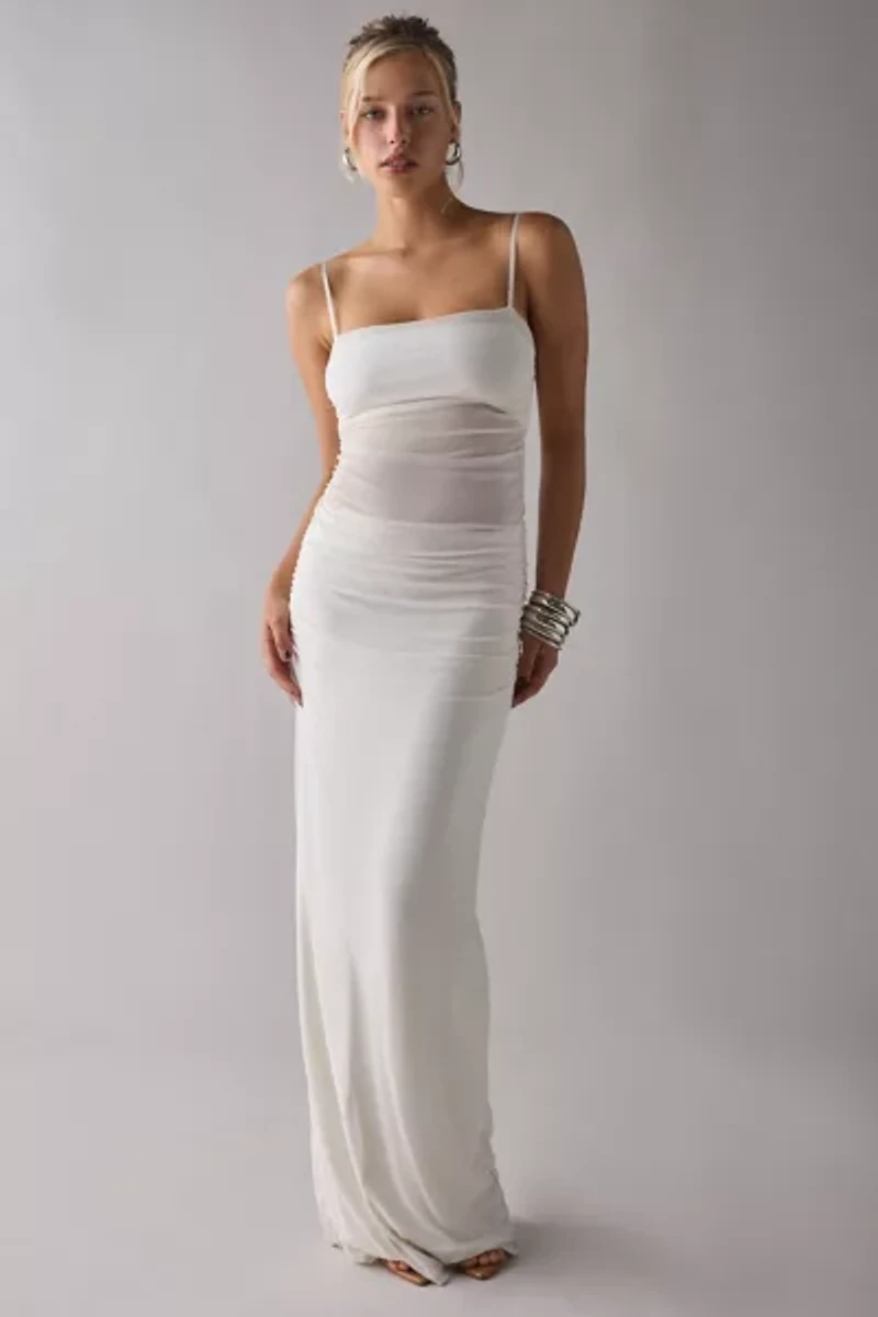 AFRM Jennan Gardenia Ruched Sheer Illusion Mesh Tank Maxi Dress